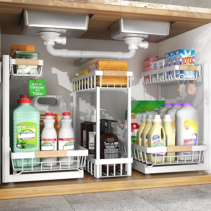 Sevenblue 3 Pack Under Sink Organizer, Multi-Purpose 2 Tier Pull-Out Metal Under Kitchen Sink Organizer, Height Adjustable Storage Shelves for Kitchen Bathroom Cabinet (White)