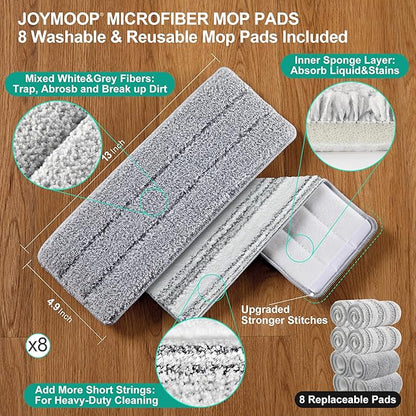 JOYMOOP Mop and Bucket Set for Household and Commercial Cleaning, Flat Mop System with 2 Mops and 8 Large Microfiber Pads for Floors and Walls