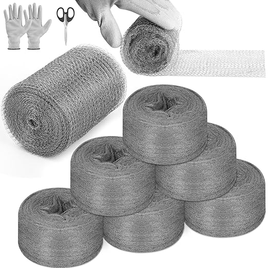 Steel Wool Mice Control, 6 Pack 3.2" x60 FT #00 Steel Wool & 1 Pack 5" x30 FT Wire Mesh, Fine Stainless Steel Wool Keep Mouse Away from Holes,Barrier and Gap Filler for Home Garden Kitchen Pipeline