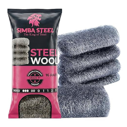 Steel Wool Grade # 1 - Medium Grade - 16 Pads Multi-use for Cleaning, Preparing, Multi-Purpose (#1-16 Pads)