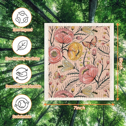 Swedish Dishcloths for Kitchen,6 Pack Swedish Dish Towels,Cellulose Sponge Cloths,Non Scratch Reusable Paper Towels, Biodegradable and Reusable Kitchen Dish Rags (Watercolor Floral)