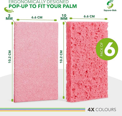 Compressed Non-Scratch Kitchen Sponges - Highly Absorbent for Dishes, Countertop, Sink, Car - Biodegradable, Quick Drying Cellulose Sponges - Assorted Colors (Pack of 6)