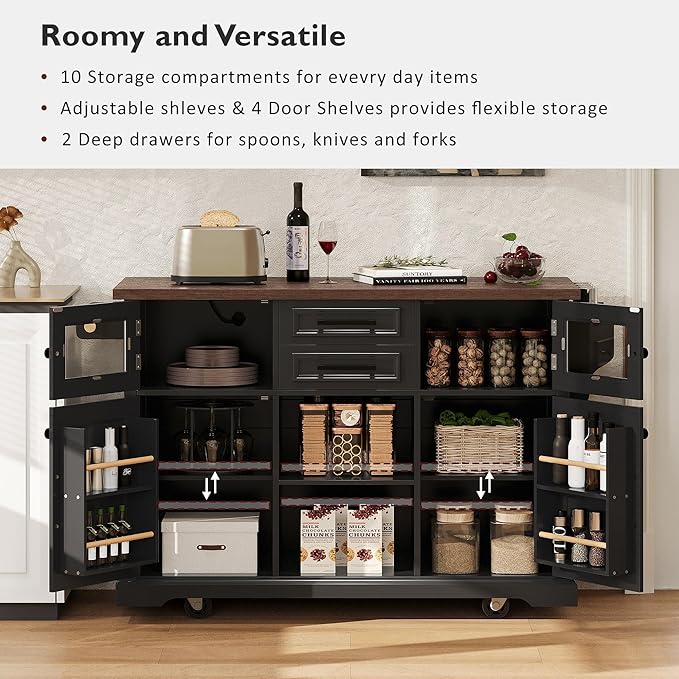 54.9" Large Kitchen Island with Drop Leaf, Power Outlet, Kitchen Storage Islands with Cross Barn Doors & Visual Glass Door, Rolling Kitchen Cart on 4 Wheels, Black