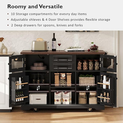 54.9" Large Kitchen Island with Drop Leaf, Power Outlet, Kitchen Storage Islands with Cross Barn Doors & Visual Glass Door, Rolling Kitchen Cart on 4 Wheels, Black