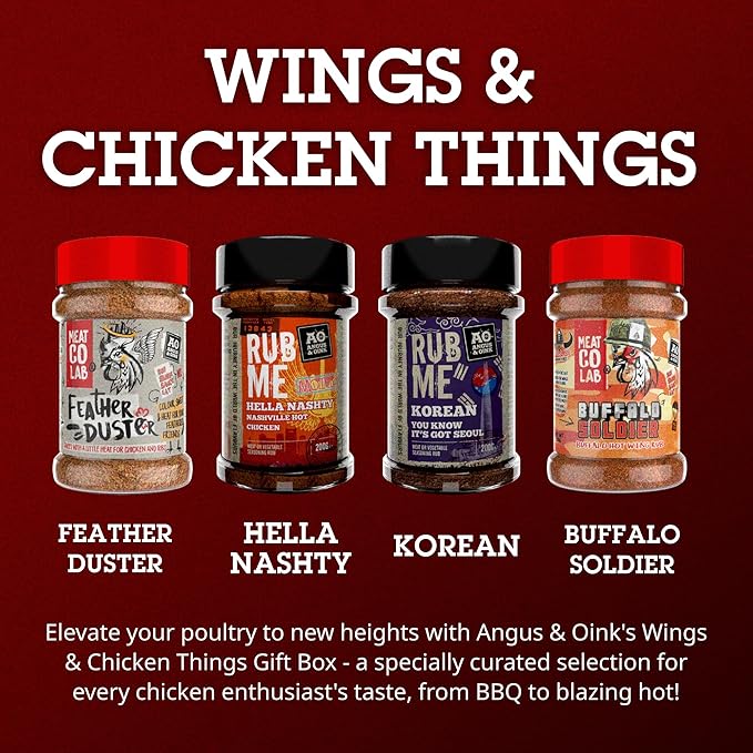 Angus & Oink Gift Set | Wings & Chicken Things Gift Box | BBQ Rubs | 1 x Feather Duster | 1 x Nashville Hot Chicken | 1 x Korean Seasoning | 1 x Buffalo Hot Wing | 4 x 200G