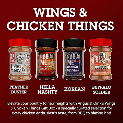 Angus & Oink Gift Set | Wings & Chicken Things Gift Box | BBQ Rubs | 1 x Feather Duster | 1 x Nashville Hot Chicken | 1 x Korean Seasoning | 1 x Buffalo Hot Wing | 4 x 200G
