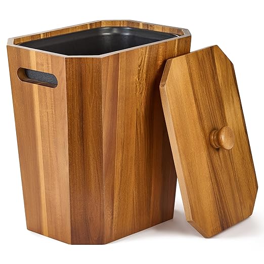 BLUEWEST 2.6 Gallons Acacia Wooden Bathroom Trash Can with Lid & PP Liner – Small Wastebasket with Handle, Decorative Wood Bin for Bedroom, Office or Under Counter Use