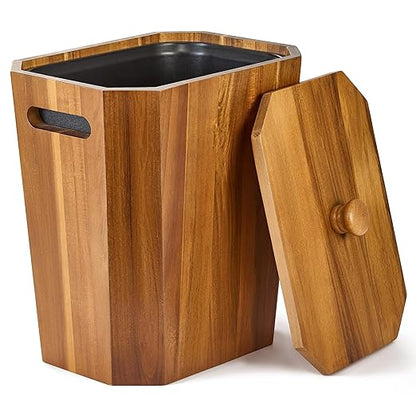 BLUEWEST 2.6 Gallons Acacia Wooden Bathroom Trash Can with Lid & PP Liner – Small Wastebasket with Handle, Decorative Wood Bin for Bedroom, Office or Under Counter Use