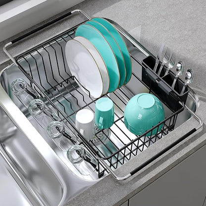 JASIWAY Dish Drying Rack in Sink, Expandable Stainless Steel Dish Drainers for Kitchen Counter, Space Saving Dish Dryer Rack with Drainboard, Over The Sink Dish Racks with Utensil Holder, Black
