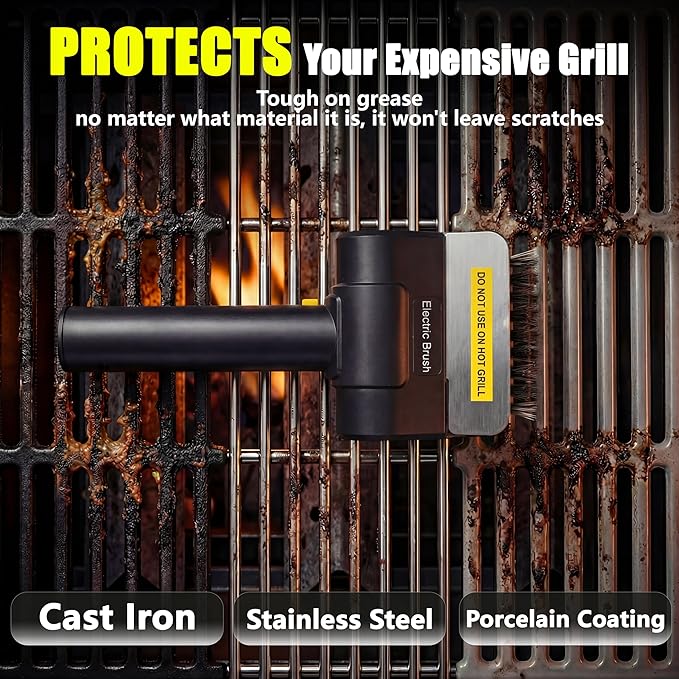 Electric BBQ Grill Brush Rechargeable with Anti-Lock Motor, 2000mAh for 2-Hour Run Time, Dishwasher Safe Head, Saves 80% Cleaning Time & Reduces Wrist Strain, Cleans Hard Corners