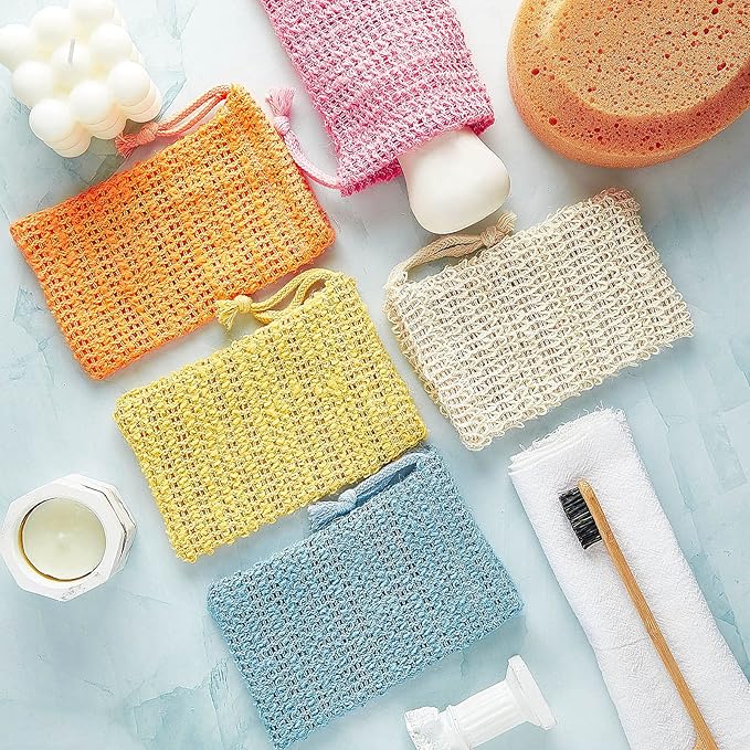 BBTO 5 Pieces Soap Saver Bag Cotton Linen Exfoliating Soap Pouch for Foaming and Drying, Shower, Scrubber(9 x 14 cm,White, Pink, Blue, Yellow, Orange)