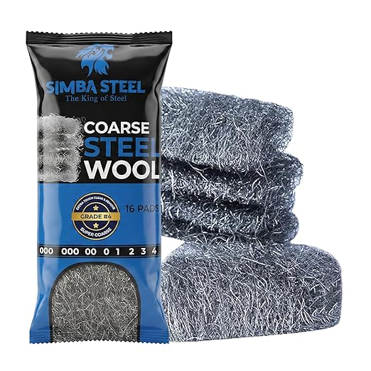 Steel Wool Grade # 4 - Super Coarse Grade - 16 Pads Multi-use for Extra Tough Cleaning, Stain and Rust Removal, Multi-Purpose (#4-16 Pads)