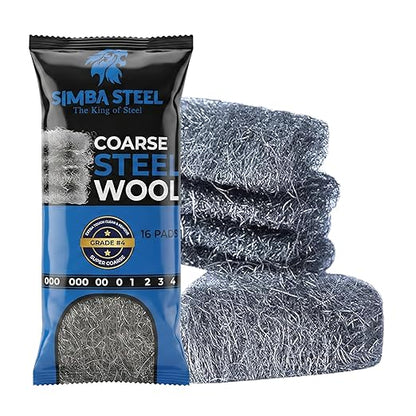 Steel Wool Grade # 4 - Super Coarse Grade - 16 Pads Multi-use for Extra Tough Cleaning, Stain and Rust Removal, Multi-Purpose (#4-16 Pads)