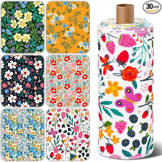 Redbaker 30 Pcs Reusable Paper Towels Rolls Kitchen Towels Bulk Washable Paperless Cloth Cotton Hand Napkins with Cardboard Reusable Napkins for Kitchen Bathroom(Floral,10 x 12 in)