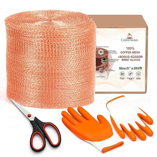 Copper Mesh Rodent Control, 5in x 202ft- Rustproof Copper Mesh Roll for Rodent, Bat & Snail - Perfect for Hole Blocking, Gardening & Sealing Water Opening - Plus Bonus Scissor & Gloves