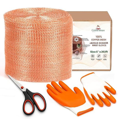 Copper Mesh Rodent Control, 5in x 202ft- Rustproof Copper Mesh Roll for Rodent, Bat & Snail - Perfect for Hole Blocking, Gardening & Sealing Water Opening - Plus Bonus Scissor & Gloves