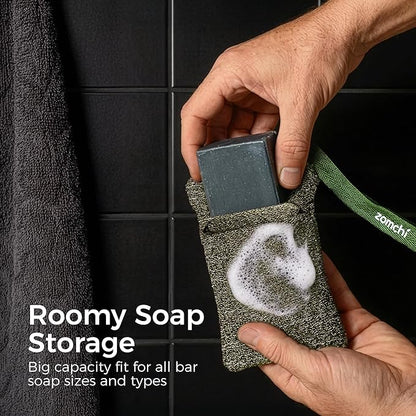 ZOMCHI Exfoliating Bar Soap Pouch, 2 Pack Soap Bags with Coarse & Gentle Mesh for Effective Exfoliation, Soap Saver Bags for Rich Lathering and Deep Cleansing (Olive Green)