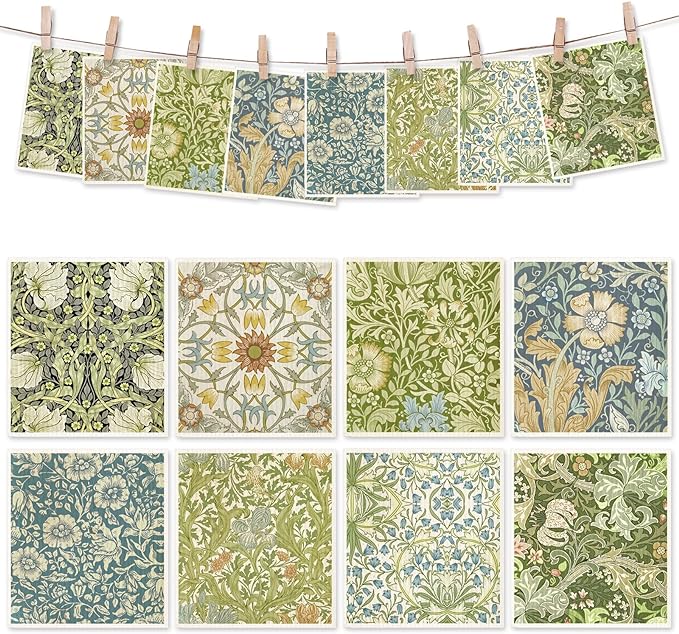 8 Packs Vintage Floral Swedish Dishcloths Blue Green Flower Kitchen Dish Towel Reusable Washable Cotton Kitchen Towels for Home Party Cleaning Housewarming, 7 x 8 Inch