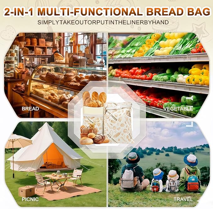 2-Pack JIDSPWLS Reusable Beeswax Bread Bags – Breathable for Homemade & Sourdough Loaves, Extends Freshness, Freezer & Fridge Compatible
