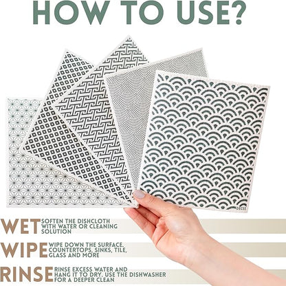 DECEE Swedish dishcloths (Dumbo) 5 Pack Reusable Paper Towels | Washable | Swedish Dish Towels | Non-Scratch Cellulose Sponge Cloths | No Odor, Biodegradable Cleaning Cloths