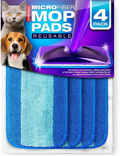 Millifiber Reusable Mop Pads Compatible with Swiffer WetJet (4 Pack) - Microfiber Mop Refill for Wet Mopping Cloths - Hardwood Floor Cleaning Spray Pads are Reusable Replacements