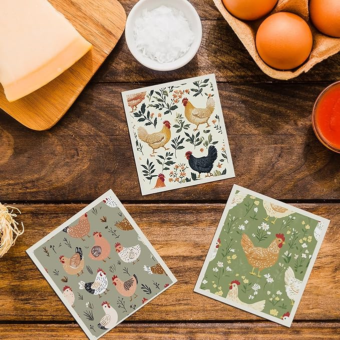 Chicken Swedish Dishcloths for Kitchen, 6 Pcs Reusable Chick Swedish Dish Cloths, Absorbent Fast Drying Cleaning Sponge Cloths for Kitchen Cooking Farmhouse Home Decoration Housewarming Gifts