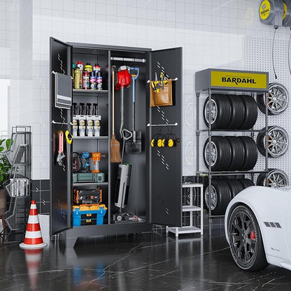 VASAAOSD Metal Garage Storage Cabinet with Locking Doors, 71" Tall Broom Closet Storage Cabinet, Heavy Duty Garage Organization Cabinets, Steel Cabinet with Hanging Rod, Assembly Required
