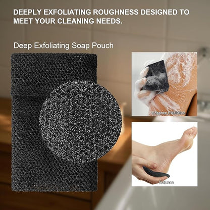 2 Pack Soap Bag Deep Exfoliating,Bar Soap Pouch Saver Pocket,Body Scrubber Shower Bath Sponge Loofah (Black)