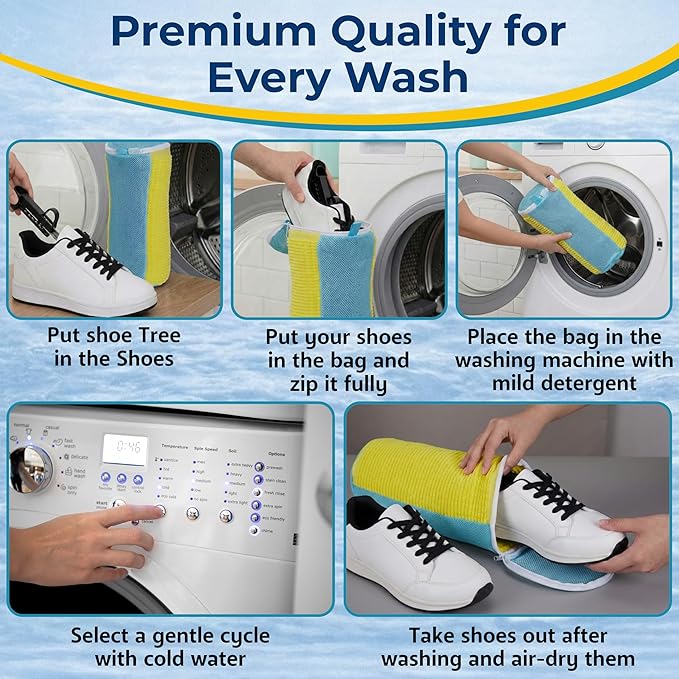 Shoe Washing Machine Bag, 2 Pcs Cylindrical Laundry Shoe Bag for Washer and Dryer with Adjustable Shoe Trees, 360 Deep Cleaning Sneaker Washing Bag with Zipper, Fits All Shoe Types and Sizes, Yellow