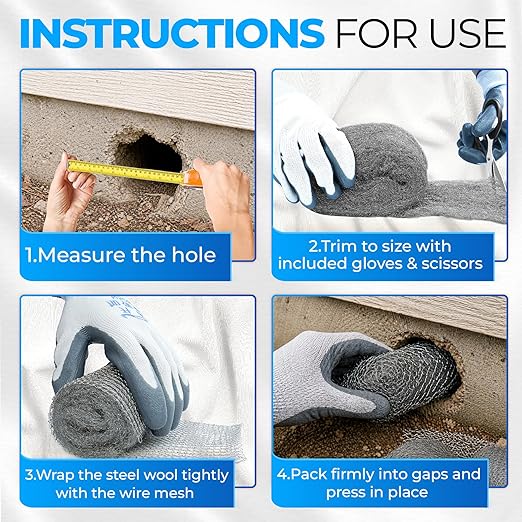 [Upgrade 2-in-1] Steel Wool Mice Control Kit with Stainless Double-Layer Mesh, 3PCS 3.2"x7.5FT Steel Wool & 1PCS 5"x15FT Wire Mesh with Gloves, Scissors, Gap Blocker Mouse Hole Filler for House Garage