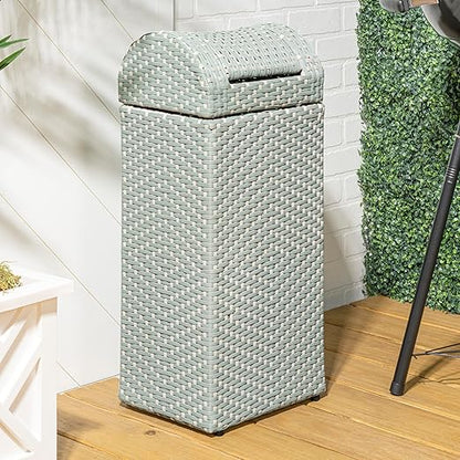 happimess HPM1201C Darla 14.27-Gallon All-Weather Wicker/Metal Swing Top Hideaway Outdoor Trash Can, Mint Blue/White, Classic, Coastal, Casual Wastebin for Backyard, Patio, Porch, Kitchen