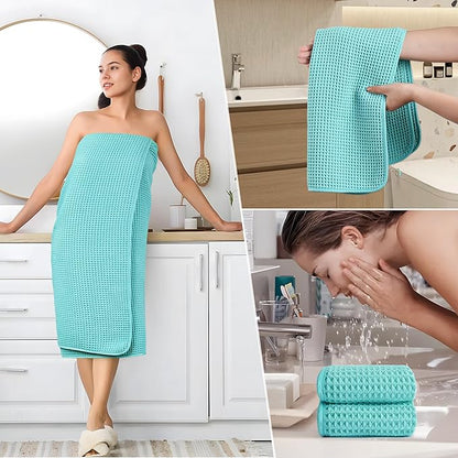 POLYTE 430 GSM Microfiber Quick Dry Lint Free Oversize Bath Towel Set, 6 Piece (Waffle Weave)