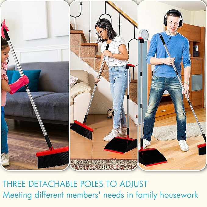 2-Pack Broom and Dustpan Combo Set, with 48" Adjustable Long Stainless Handles, Stand Up Dustpan with Self-Cleaning Teeth, Ideal for Home, Office, Kitchen, Indoor & Outdoor Use, Black