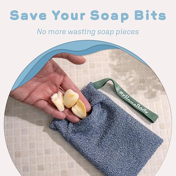 myHomeBody Soap Pocket for Strong Exfoliating, Lather Mesh Bag, Body Scrubber Exfoliator, Pouch for Shower, Leftover Bits Saver, Dark Blue, Gray - 2 Pack