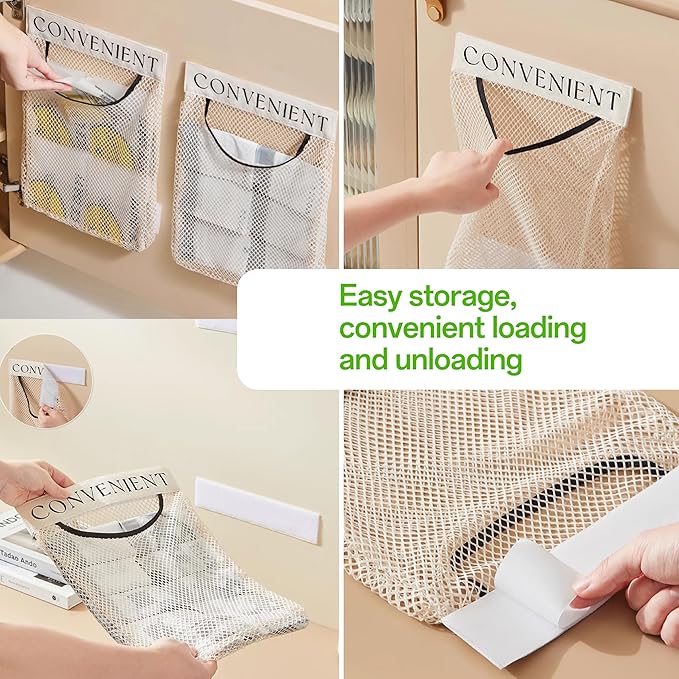2Pcs Sticky Wall Mount Trash Bag Holder Dispenser - Under Sink & Cabinet Door Adhesive Organizer for Kitchen, Bathroom, Car, Laundry - Reusable Mesh Storage Bags JREEPEE