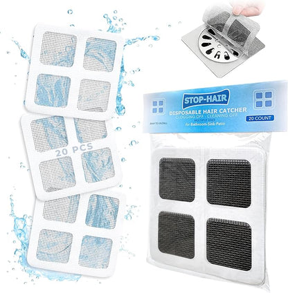 20 Pack Disposable Shower Drain Hair Catcher – 4" x 4" Mesh Drain Covers & Stickers, Filter Protector for Shower, Bathtub, Kitchen Sink & Laundry – Traps Human & Pet Hair