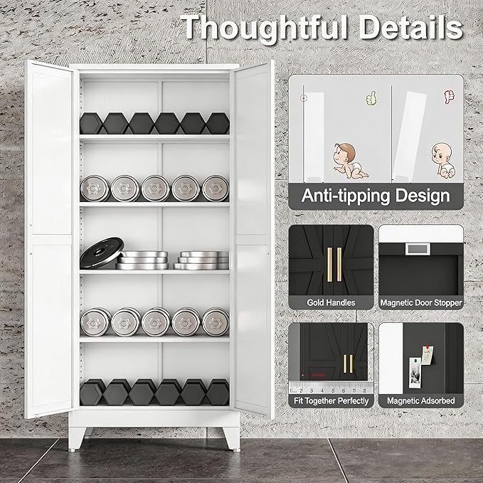 71" H Steel Storage Cabinet,Heavy Duty Tool Storage Cabinet,Metal Garage Storage Cabinets,Broom Closet Storage Cabinet,Utility Cabinet,White Storage Cabinets