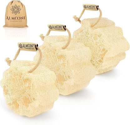 Almooni Mini Natural Loofah Sponge - Real Egyptian Shower Exfoliating Loofah - Small Loofah Scrubber for The Perfect Grip - 3 Count(1 Pack)