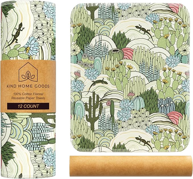 Reusable Paper Towels (12"x10”) - Soft Absorbent 100% Washable Paper Towels - Reusable Paper Towels Washable w/Cardboard Roll - Reusable Napkins (Cactus, 12x10inch)