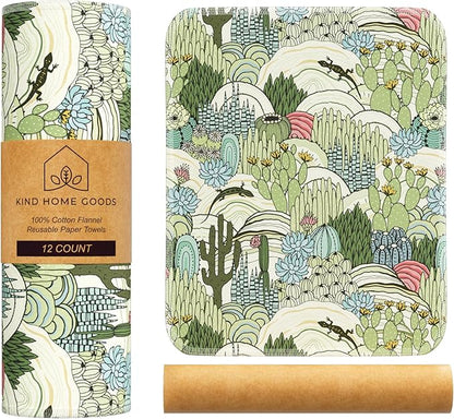 Reusable Paper Towels (12"x10”) - Soft Absorbent 100% Washable Paper Towels - Reusable Paper Towels Washable w/Cardboard Roll - Reusable Napkins (Cactus, 12x10inch)