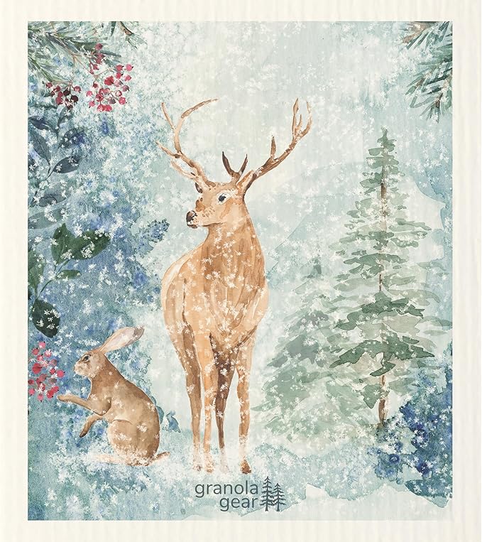 Home by GranolaGear-Christmas Swedish Dishcloths for Kitchen 6-Pack Reusable Paper Towels, Eco-Friendly, Compostable, Biodegradable Dish Wash Cloth Sponge, Holiday Watercolor Snow Art-Winter Cardinal