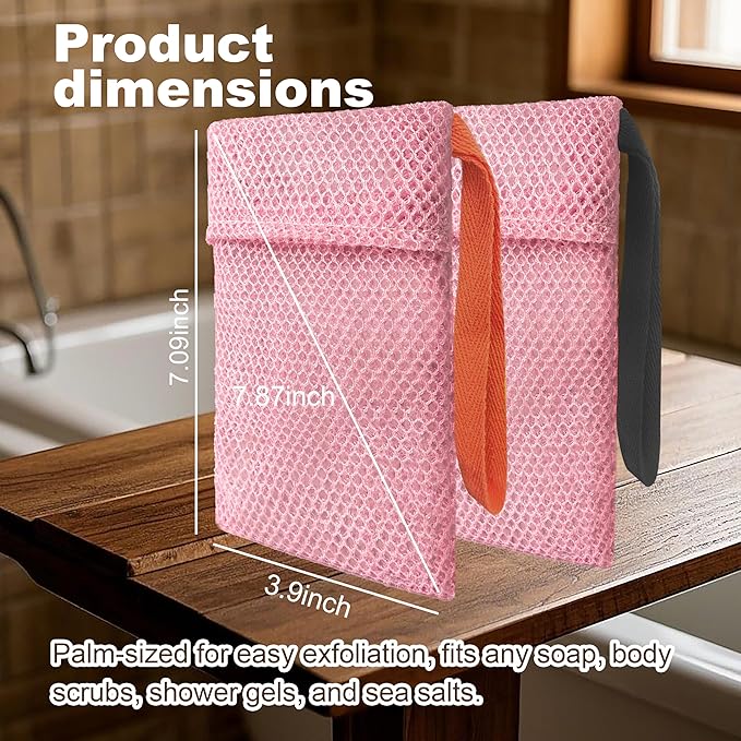 2 Pack Soap Bag Deep Exfoliating,Bar Soap Pouch Saver Pocket,Body Scrubber Shower Bath Sponge Loofah (Pink)