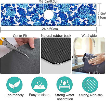Kitchen Sink Splash Guard Faucet Mat Super Absorbent Fast Drying Mat Sink Gadgets Splash Guard Behind Faucet Drip Catcher for Kitchen (Blue Flowers, 23.5x5.5in)