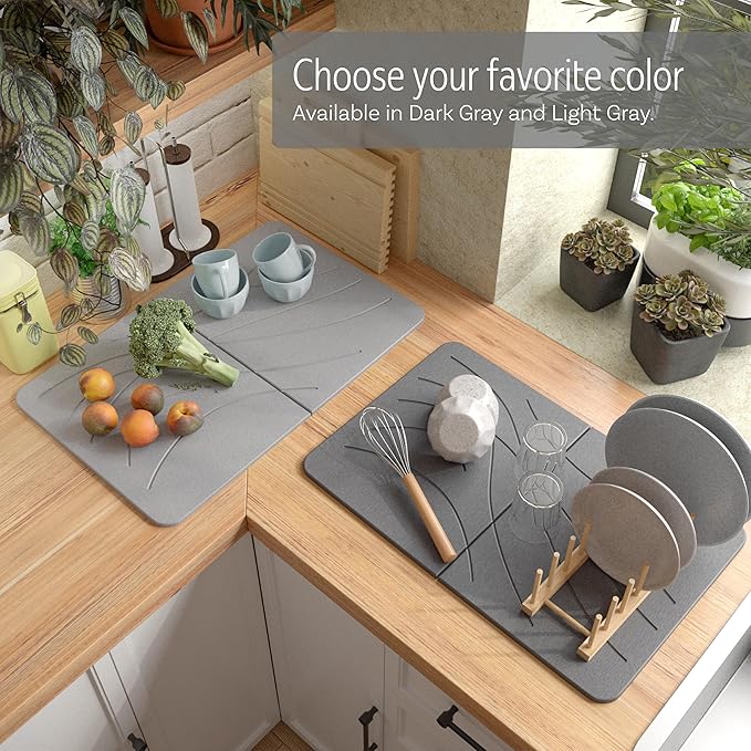 LARGE | PREMIUM | Stone Dish Mat + Bamboo Rack | 24” x 16” | Foldable (Dark Gray)