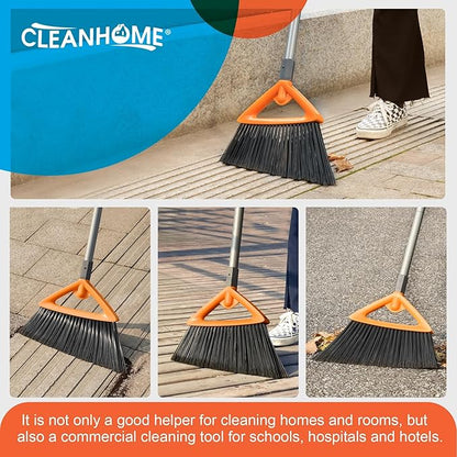 CLEANHOME 3 Pack Heavy Duty Outdoor Broom with Long Handle for Patio,Lobby,Garden,Kitchen,Deck,Yard,Sweeping -Commercial Grade Angle Broom with Stiff Bristles and Sponge Handle