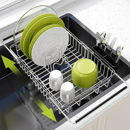 Expandable Stainless Steel Dish Drying Rack Over The Sink For Small Kitchen, Counter Space Saving Compact Metal Plate Drainer Strainer, Adjustable Hanging Inside Sink Rust Proof Wire Dryer Holder