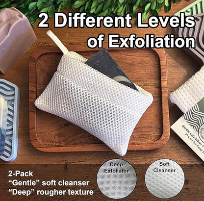 2-Pack Exfoliating Soap Bag Soap Saver Pouch for bar soap, Loofah Bath Scrubber for Bar Soap on a Rope. 2 Different Roughness Levels Gentle + Deep Exfoliator, mesh soap Pocket, soap bar Scrubber