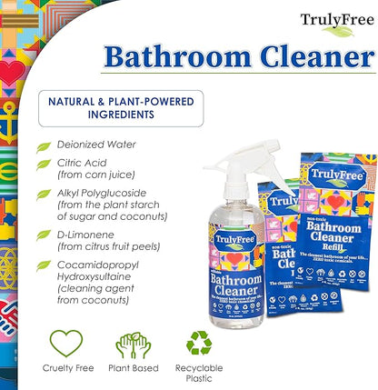 Truly Free All Natural Non-Toxic Bathroom Cleaner Spray Kit, Organic Bath & Tile Cleaning Solution for Toilet, Sink, Tub & Shower, 16 oz Reusable Empty Bottle + Two Fills, 3 oz ea.