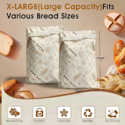 2-Pack JIDSPWLS Reusable Beeswax Bread Bags – Breathable for Homemade & Sourdough Loaves, Extends Freshness, Freezer & Fridge Compatible