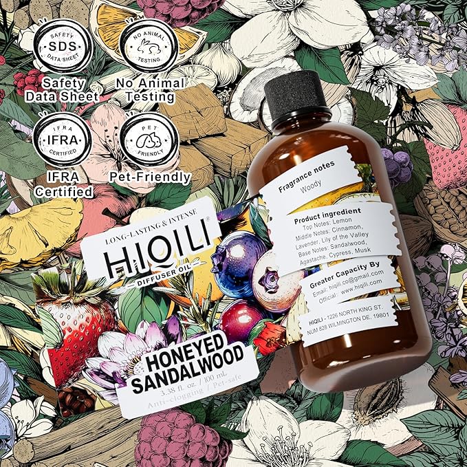 HIQILI Honeyed Sandalwood Diffuser Oil for Car Air fresheners, Ultrasonic or Reed Diffuser, Relaxing & Cozy, Hotel Scent - 3.38 Fl Oz